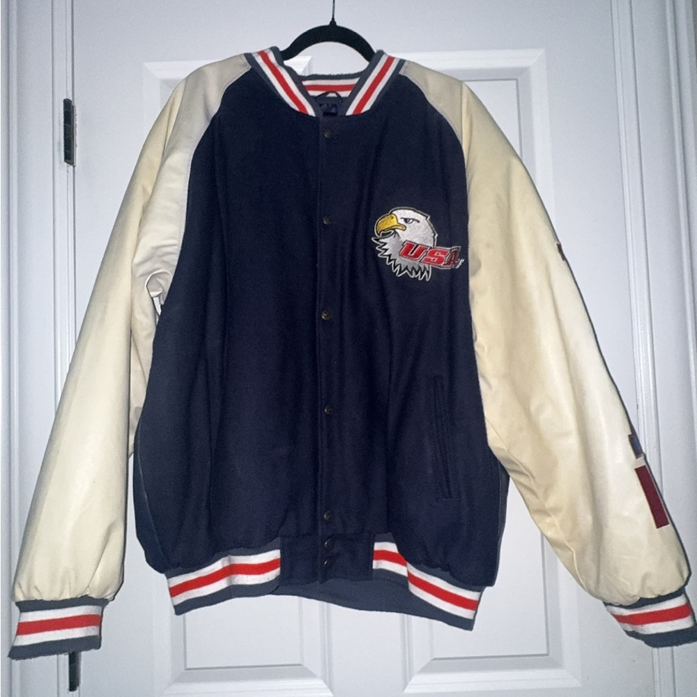 USA Eagle Men's Varsity Jacket - Navy and Cream